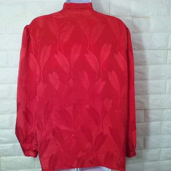 Vintage 70s Empire California Satin Bow Blouse Top -XL Feathers GA Print Buttons - Picture 7 of 11